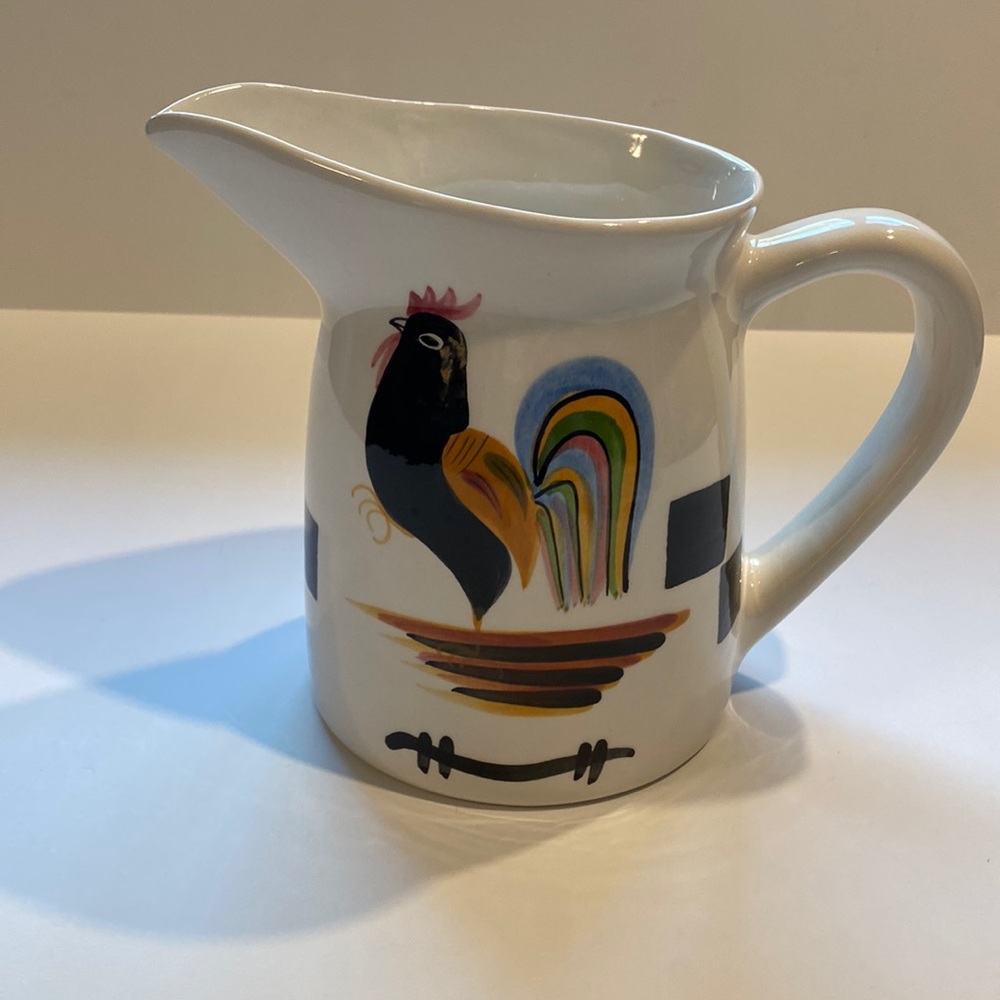 Laurie Gates Black Rooster Pitcher Checkerboard Los Angeles Pottery California